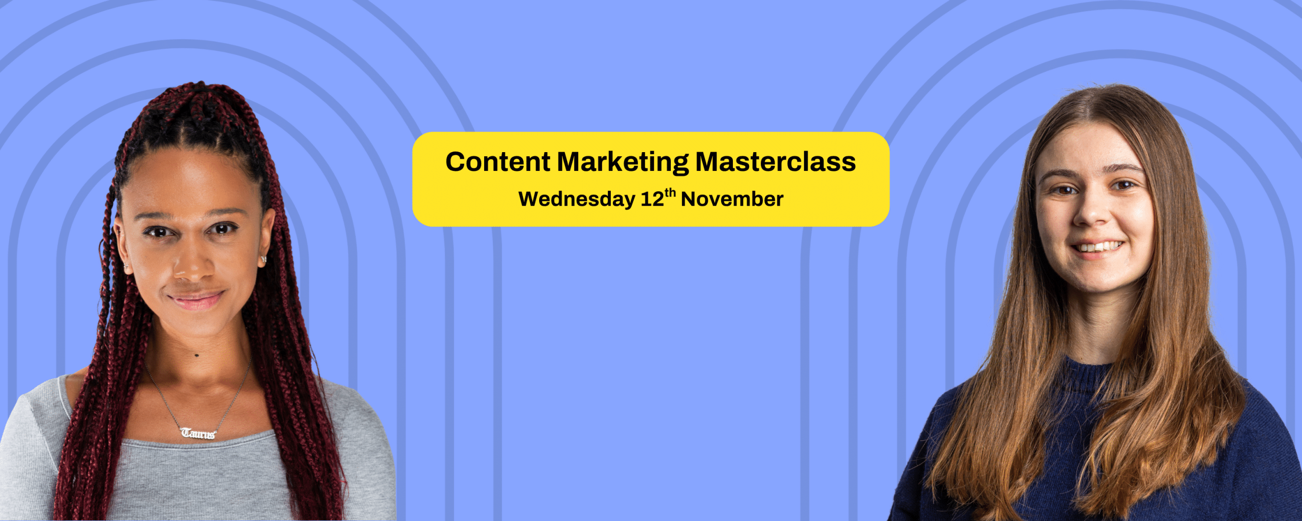 Headshots of two members of the Life Size team with a yellow box sat between them